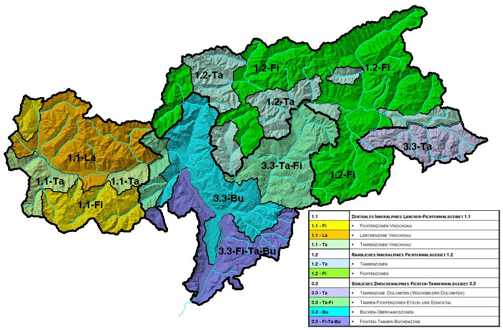 Wuchsgebiete und Zonen Suedtirol